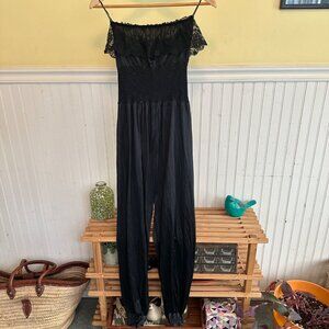 Vintage pajamas Black Off-Shoulder Lace Trimmed Jumpsuit Medium